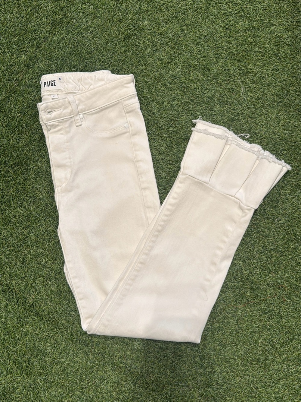 PAIGE Cream Flare Jeans with Frayed Hem